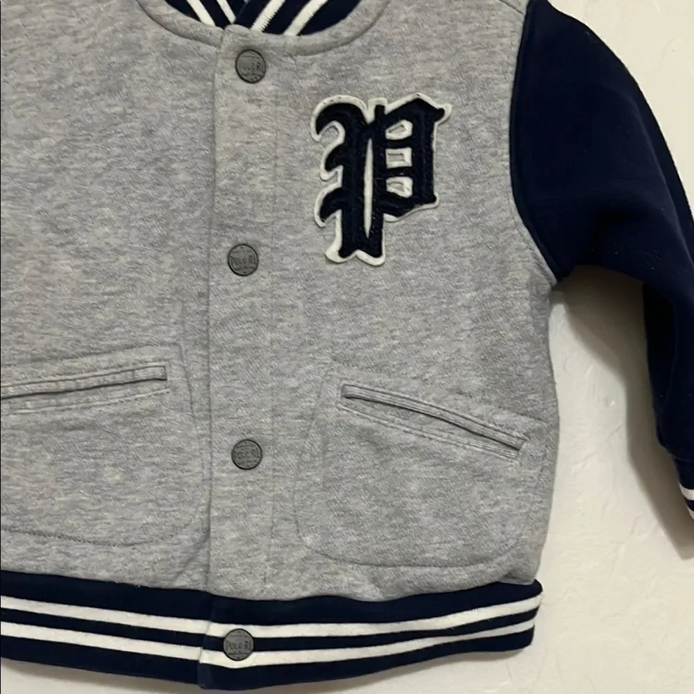 Ralph Lauren Gray Blue Bear Graphic Varsity Button Closure Jacket